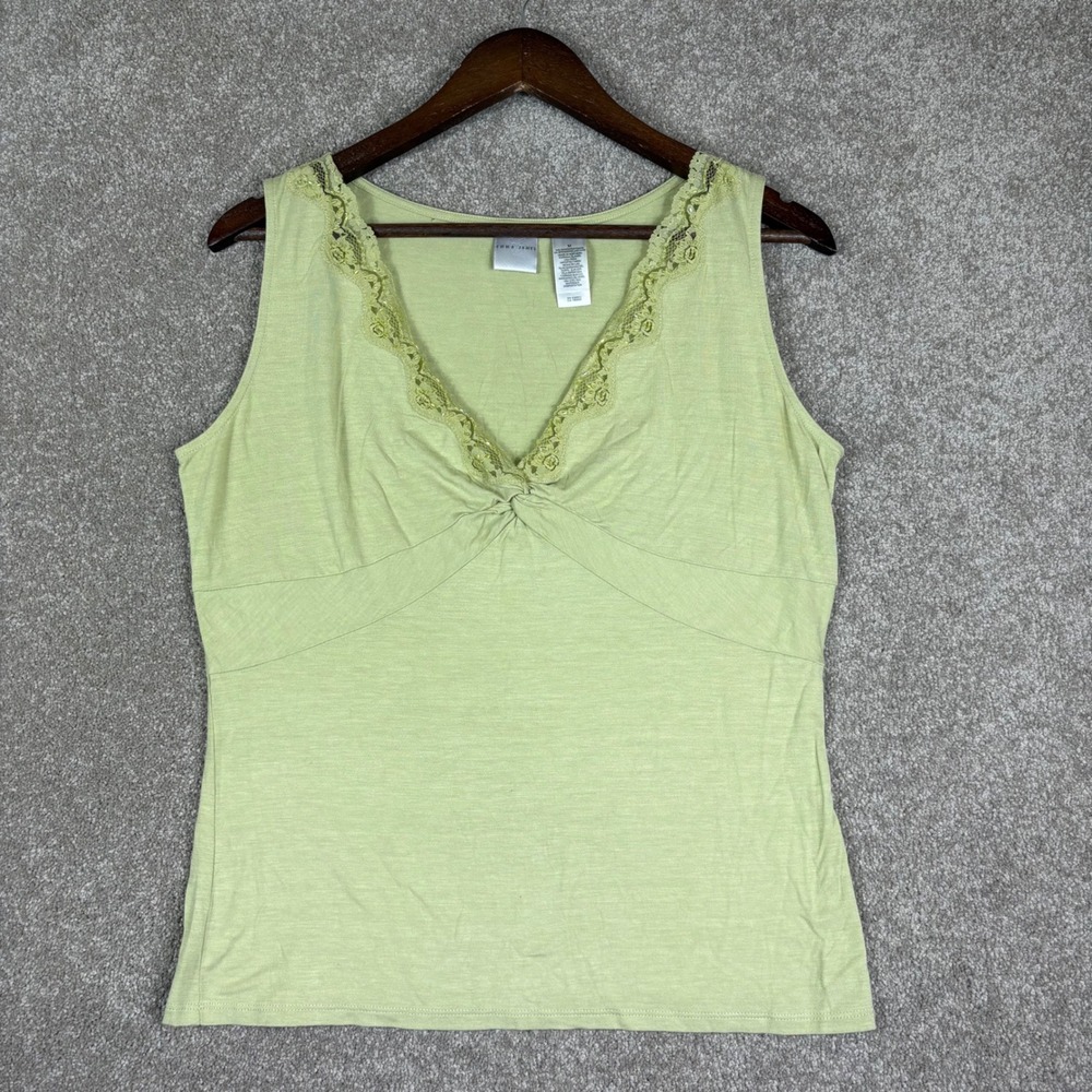 Emma James Womens Green Sleeveless V-Neck Lace Trim Beaded Tank Top Size M